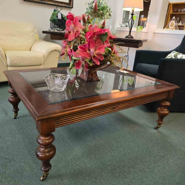 Ethan Allen Rattan and Glass Top Coffee Table