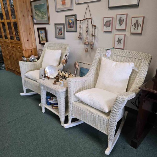 White Wicker Rocking Chairs & Table