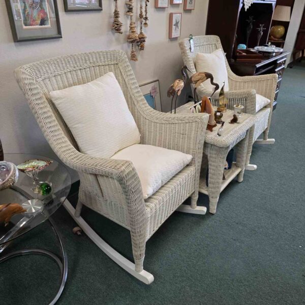 White Wicker Rocking Chairs & Table - Image 2