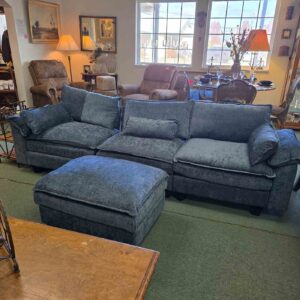 Blue Chenille Sectional Couch with Ottoman